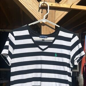 Ralph Lauren Black and White Striped Tee with Green Logo